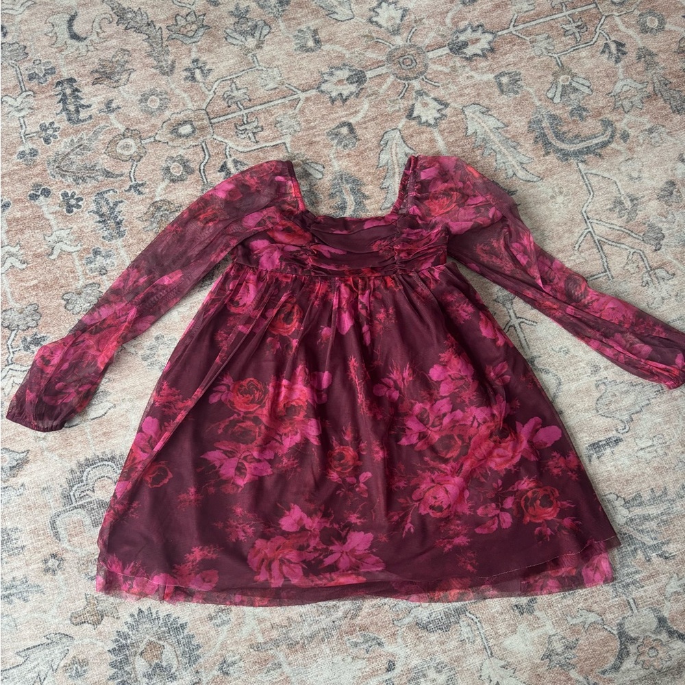 GAP kids Floral Long Sleeve Dress - Burgundy and Pink